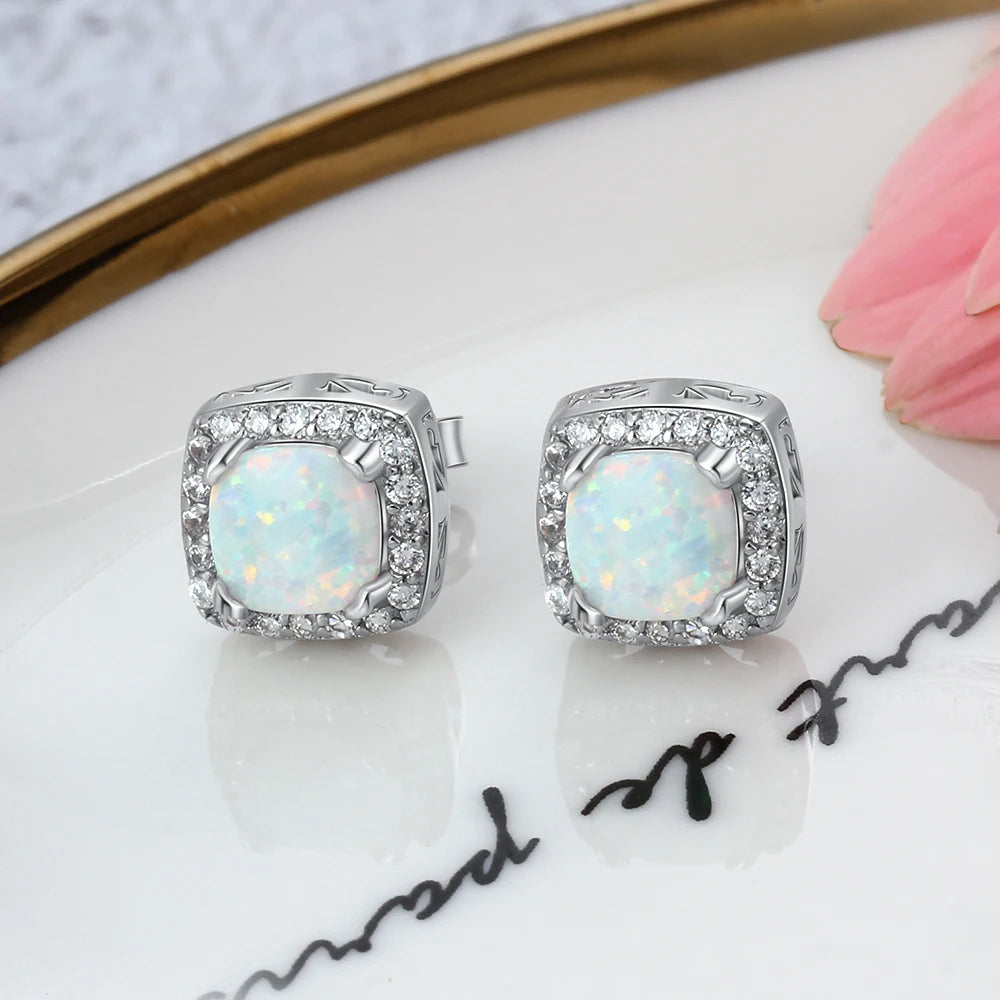 Opal Jewelry Sets for Women /Square White Opal Necklace Earrings /Wedding Bridal  Festive Occasions