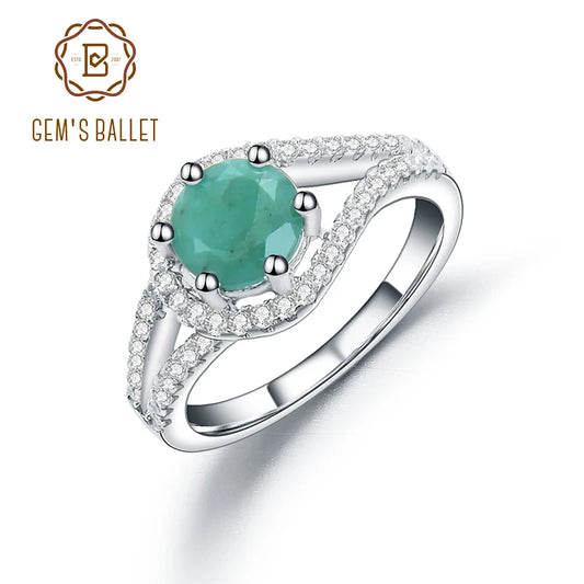 GEM'S BALLET Classic 925 Sterling Silver Gemstone Rings For Women Engagement Jewelry Natural Round Green Emerald Ring