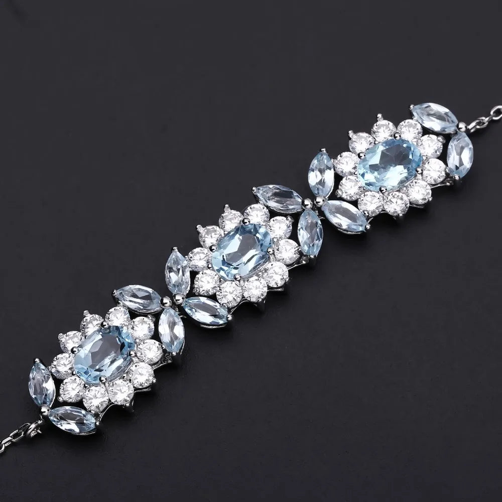 GEM'S BALLET 8.27Ct Natural Sky Blue Topaz Flower Bracelet 925 Sterling Silver Adjustable Bracelets Bangles For Women