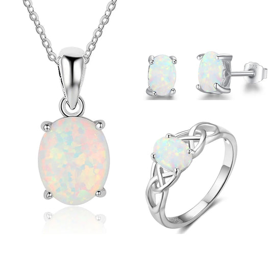 Women's Opal Jewelry Pendant Necklace Earrings Ring Set/ 2021 Trend Wedding Bridal Fashion Jewelry Sets Gift for Women Girls