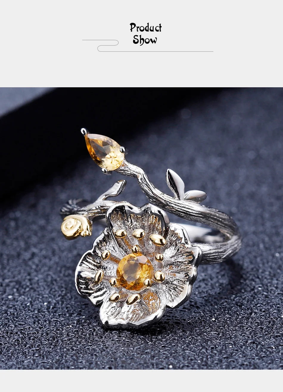 GEM'S BALLET 925 Sterling Silver Handmade Blooming Poppies Flower Rings for Women Wedding 0.65Ct Natural Citrine Gemstone Ring