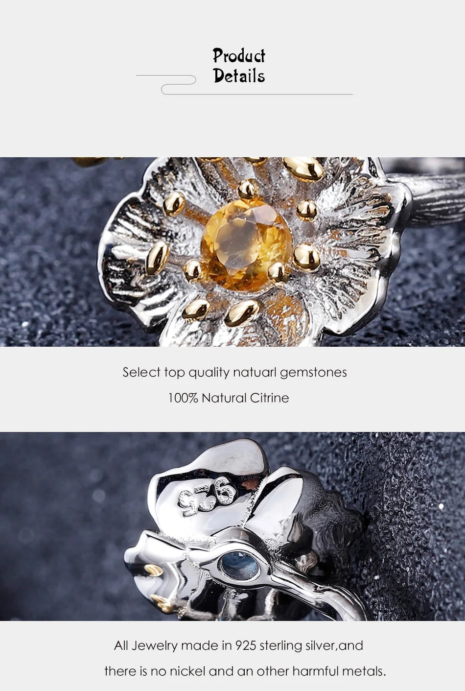 GEM'S BALLET 925 Sterling Silver Handmade Blooming Poppies Flower Rings for Women Wedding 0.65Ct Natural Citrine Gemstone Ring