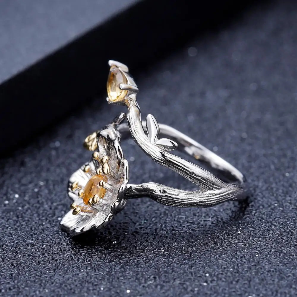 GEM'S BALLET 925 Sterling Silver Handmade Blooming Poppies Flower Rings for Women Wedding 0.65Ct Natural Citrine Gemstone Ring