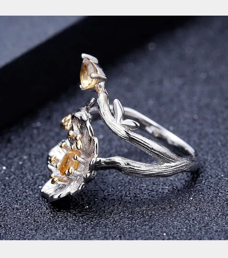 GEM'S BALLET 925 Sterling Silver Handmade Blooming Poppies Flower Rings for Women Wedding 0.65Ct Natural Citrine Gemstone Ring