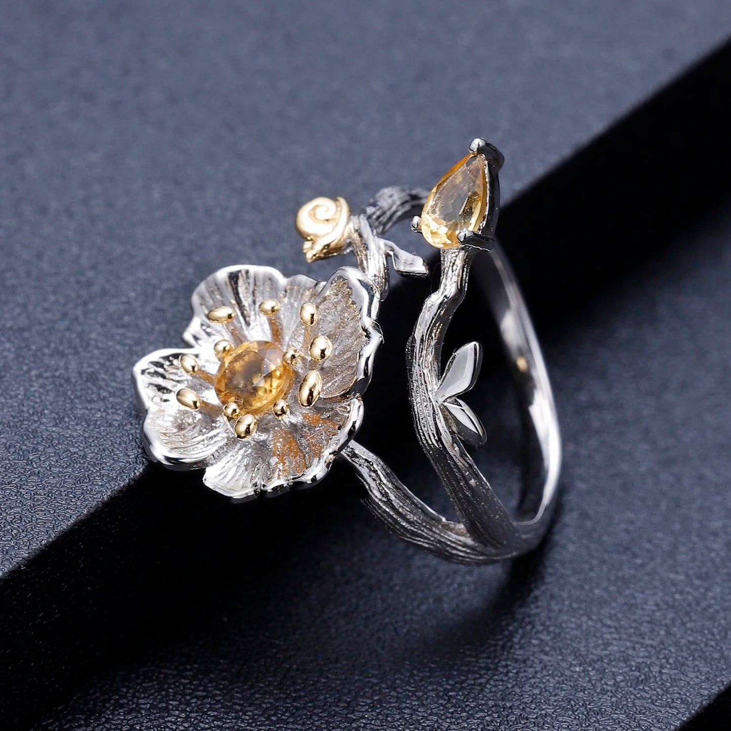 GEM'S BALLET 925 Sterling Silver Handmade Blooming Poppies Flower Rings for Women Wedding 0.65Ct Natural Citrine Gemstone Ring