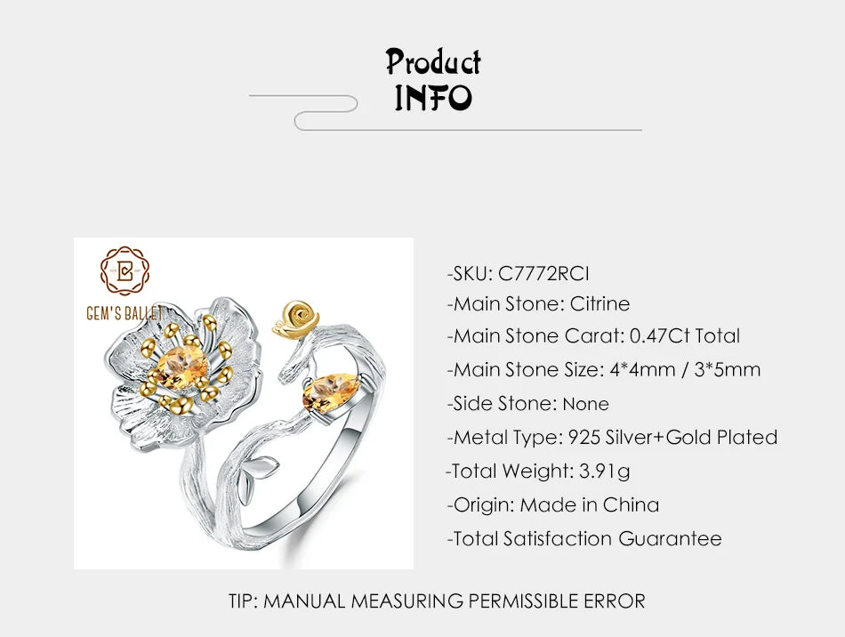 GEM'S BALLET 925 Sterling Silver Handmade Blooming Poppies Flower Rings for Women Wedding 0.65Ct Natural Citrine Gemstone Ring