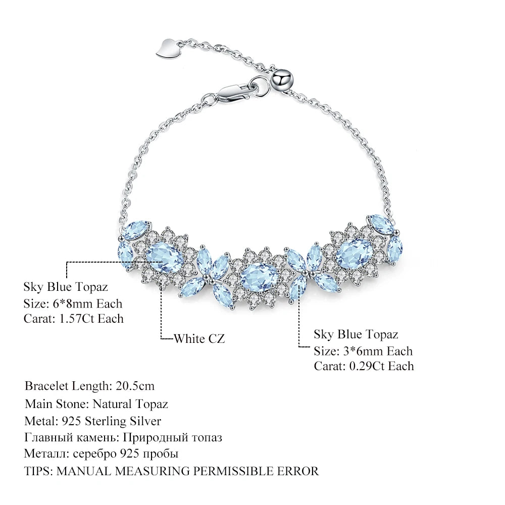 GEM'S BALLET 8.27Ct Natural Sky Blue Topaz Flower Bracelet 925 Sterling Silver Adjustable Bracelets Bangles For Women