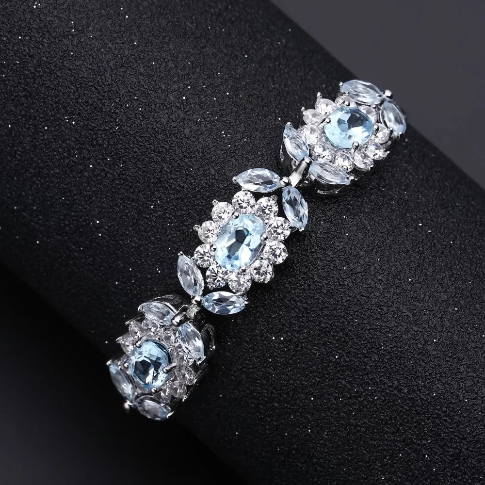 GEM'S BALLET 8.27Ct Natural Sky Blue Topaz Flower Bracelet 925 Sterling Silver Adjustable Bracelets Bangles For Women