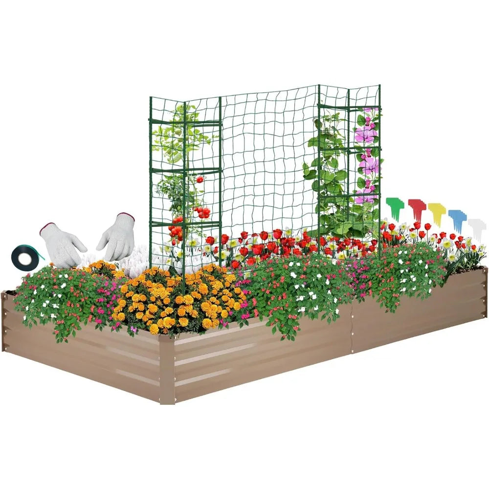 Galvanized Raised Garden Bed for Vegetables Flowers Herbs, Metal Raised Garden Bed Kit with 2 PCS Tomato Cage, Gloves, Trellis