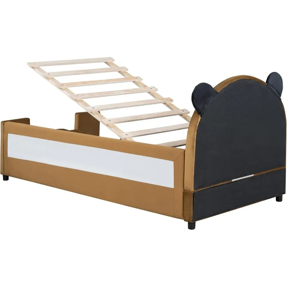 Twin Size Upholstered Bed Frame Daybed with Bear Shaped Headboard ,Hydraulic Storage System