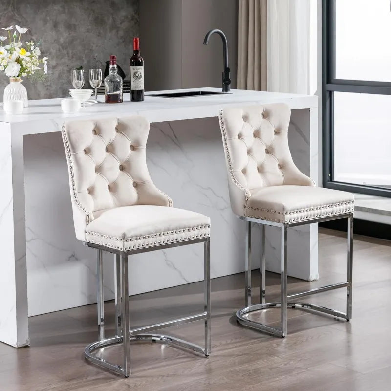 Bar Stools Set of 4 Counter Height, Velvet Upholstered Barstools with Solid Wood Legs, Button Tufted and Nailheads Trim