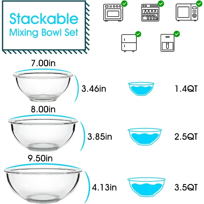 3 Piece Glass Mixing Bowls set,Glass Nesting Bowls, Clear Salad Mixing Bowl for Kitchen, Cooking, Baking, Prepping,Microwave