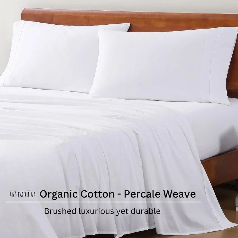 Organic Cotton 4PC Queen Sheet Set, Soft & Breathable Percale Weave, White