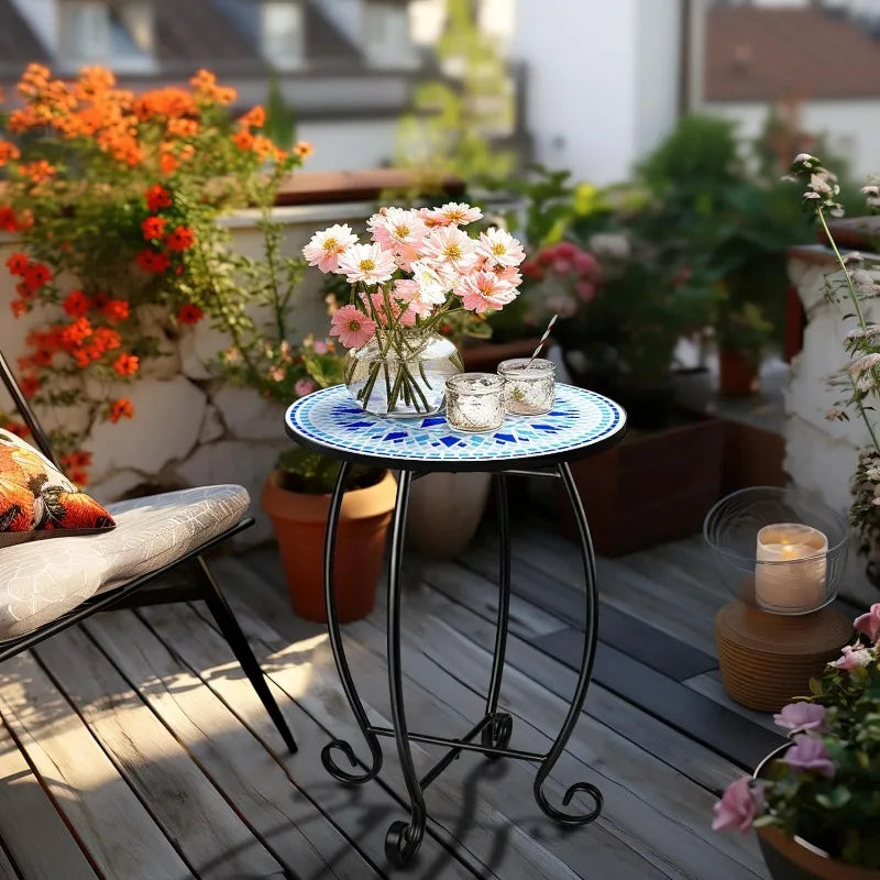 Round Side End Table, 16" Unique Relief Ceramic Tile Table Top with Metal Structure, Small Accent Coffee Tables