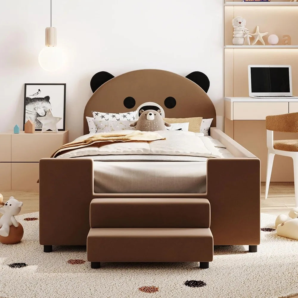 Twin Size Upholstered Bed Frame Daybed with Bear Shaped Headboard ,Hydraulic Storage System