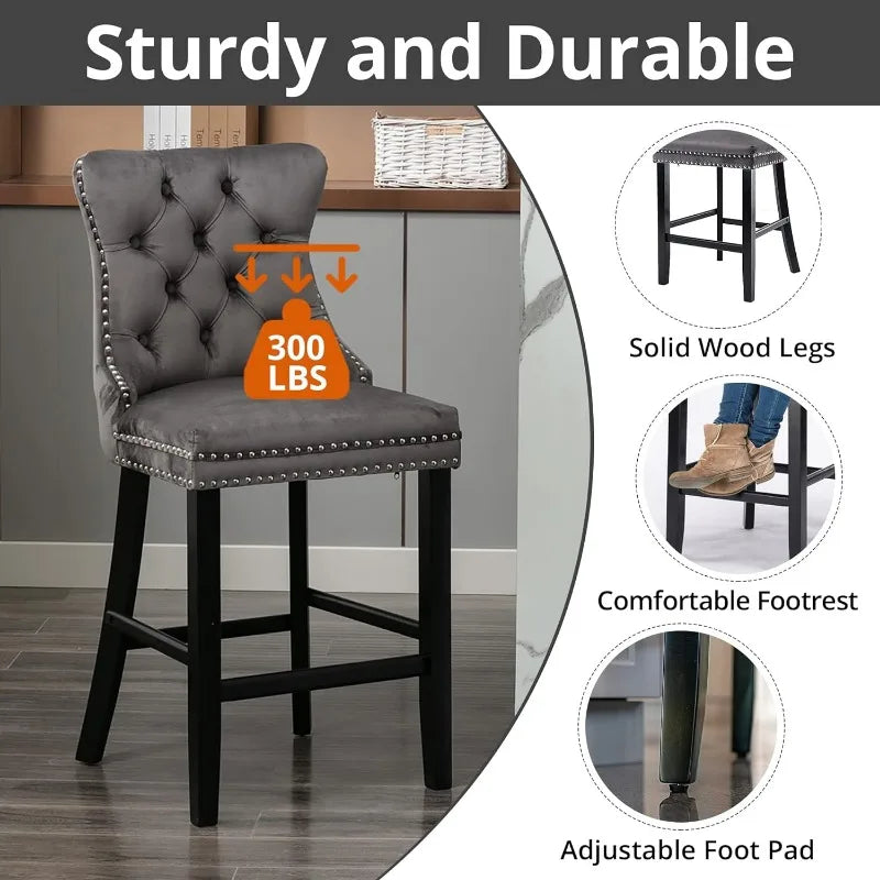 Bar Stools Set of 4 Counter Height, Velvet Upholstered Barstools with Solid Wood Legs, Button Tufted and Nailheads Trim