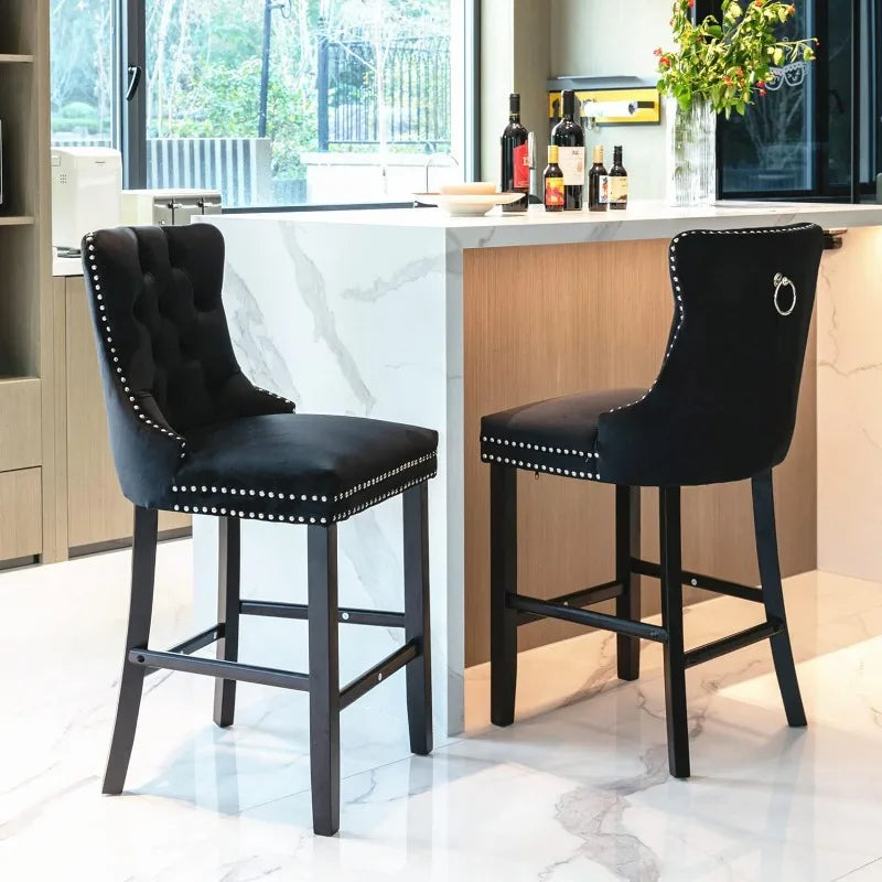 Bar Stools Set of 4 Counter Height, Velvet Upholstered Barstools with Solid Wood Legs, Button Tufted and Nailheads Trim