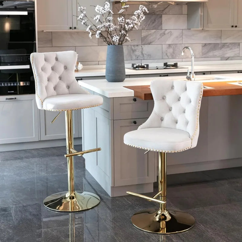 Swivel Bar Stools Set of 2, Adjustable Counter Height Barstools with Nailheads Trim, Button Tufted Back and Silver Footrest,