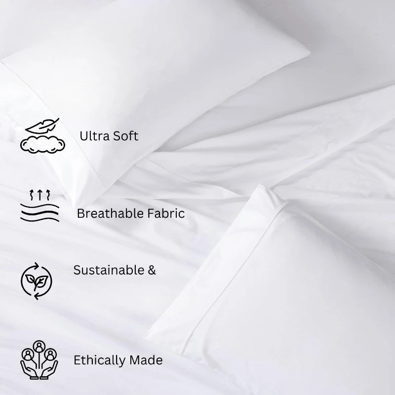 Organic Cotton 4PC Queen Sheet Set, Soft & Breathable Percale Weave, White