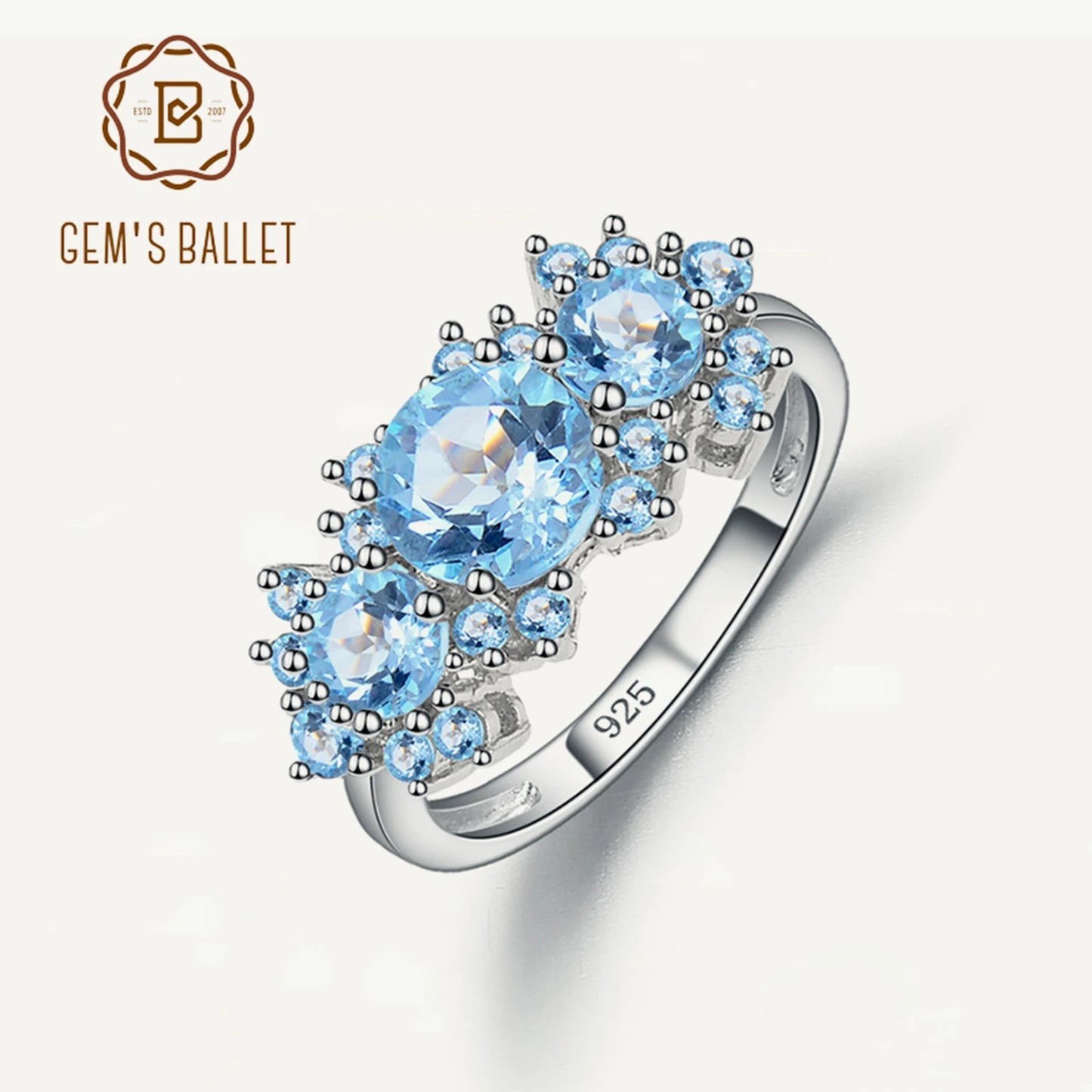 GEM'S BALLET Natural Sky Blue Topaz Emerald Birthstone Rings For Women Real 925 Sterling Silver Gemstone Ring Fine Jewelry