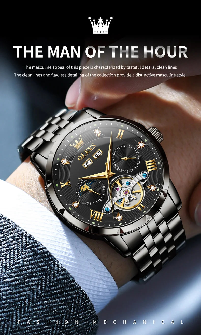 Men's Automatic Mechanical Wristwatch Luxury Skeleton Flywheel Design Moon Phase Waterproof Original Brand Man Watch