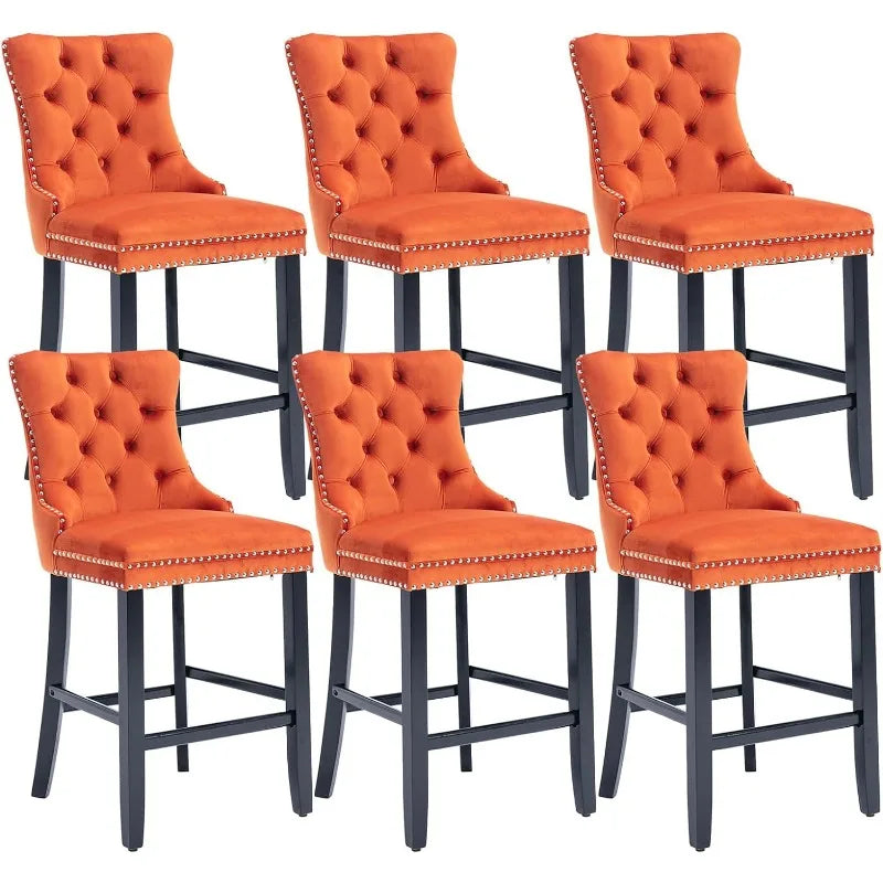 Bar Stools Set of 4 Counter Height, Velvet Upholstered Barstools with Solid Wood Legs, Button Tufted and Nailheads Trim