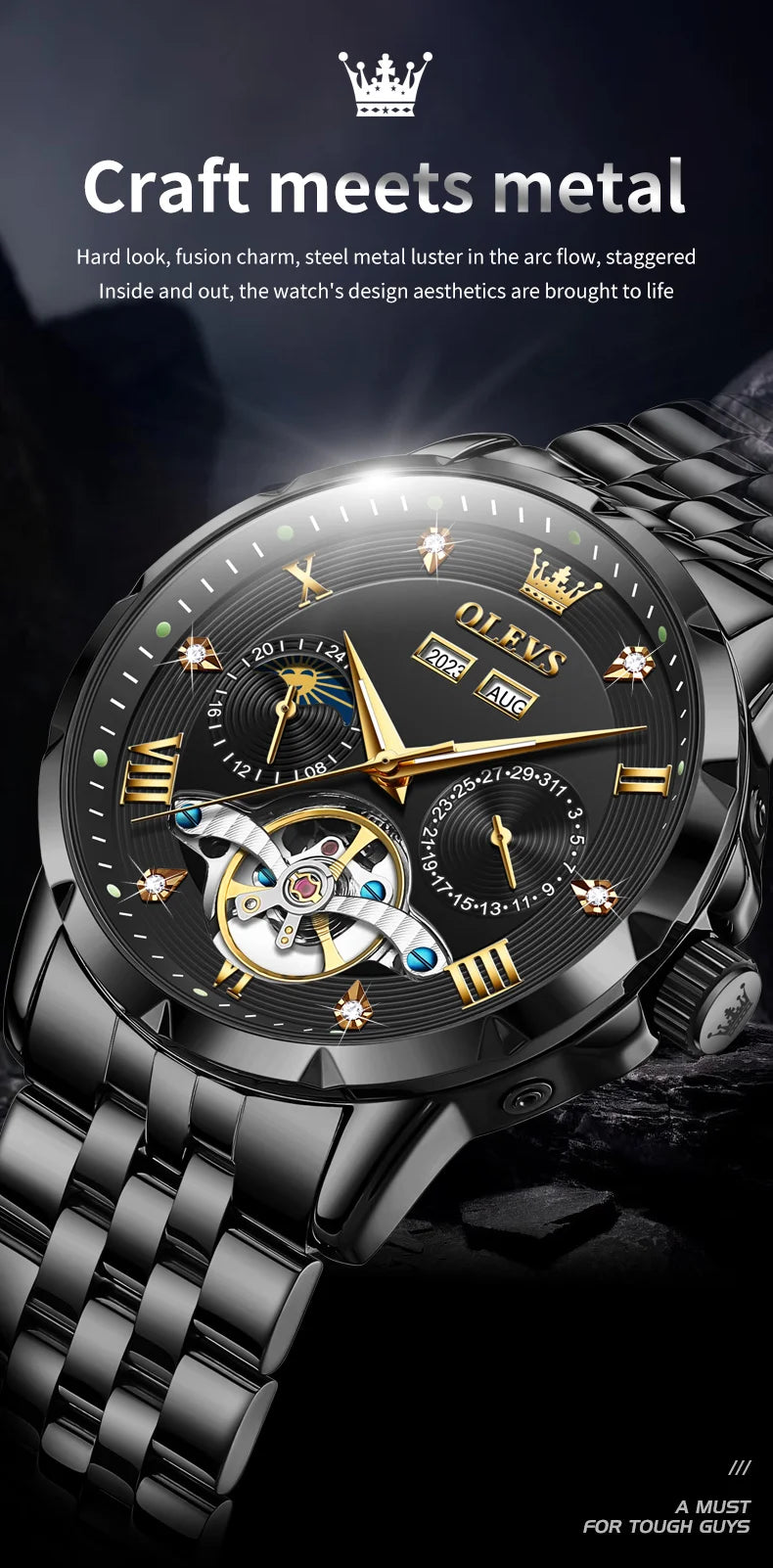 Men's Automatic Mechanical Wristwatch Luxury Skeleton Flywheel Design Moon Phase Waterproof Original Brand Man Watch