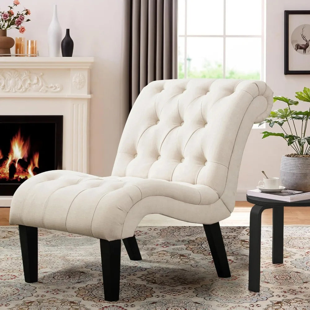 Accent Chair with Tufted Upholstered Linen Fabric with wooden legs