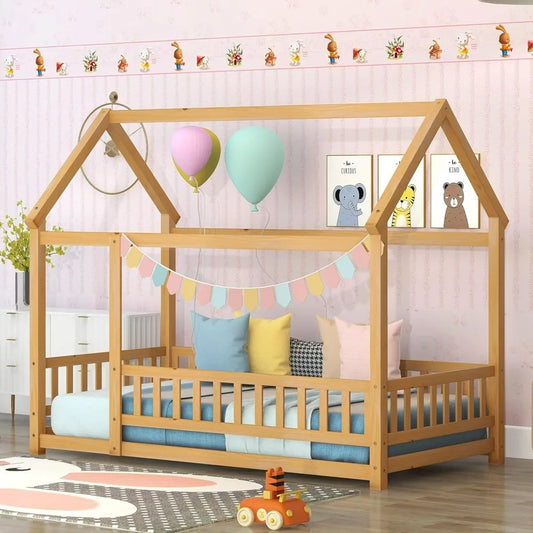 Kids' Twin Size House Frame Wooden Floor Bed with Fence