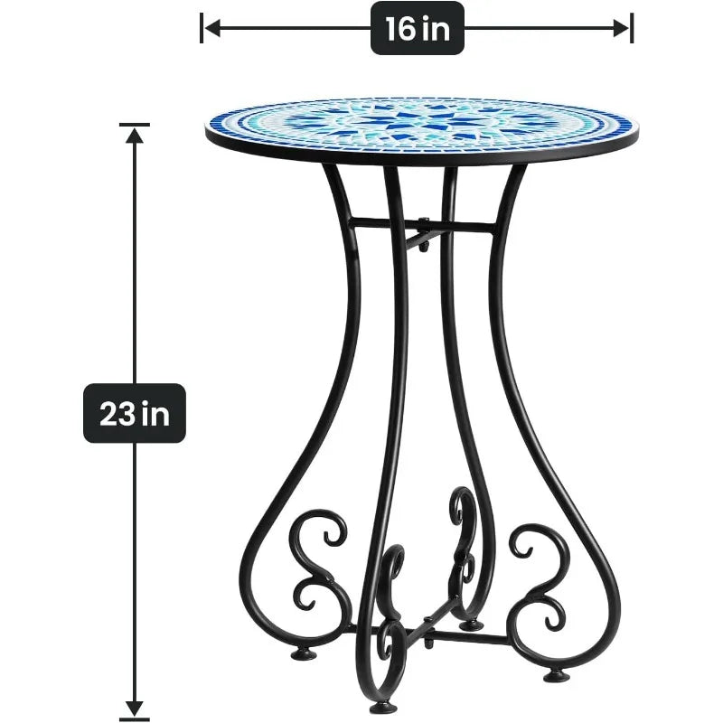 Round Side End Table, 16" Unique Relief Ceramic Tile Table Top with Metal Structure, Small Accent Coffee Tables