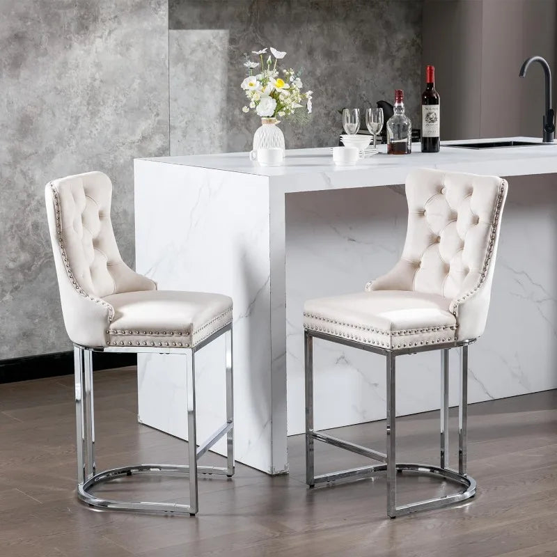 Bar Stools Set of 4 Counter Height, Velvet Upholstered Barstools with Solid Wood Legs, Button Tufted and Nailheads Trim