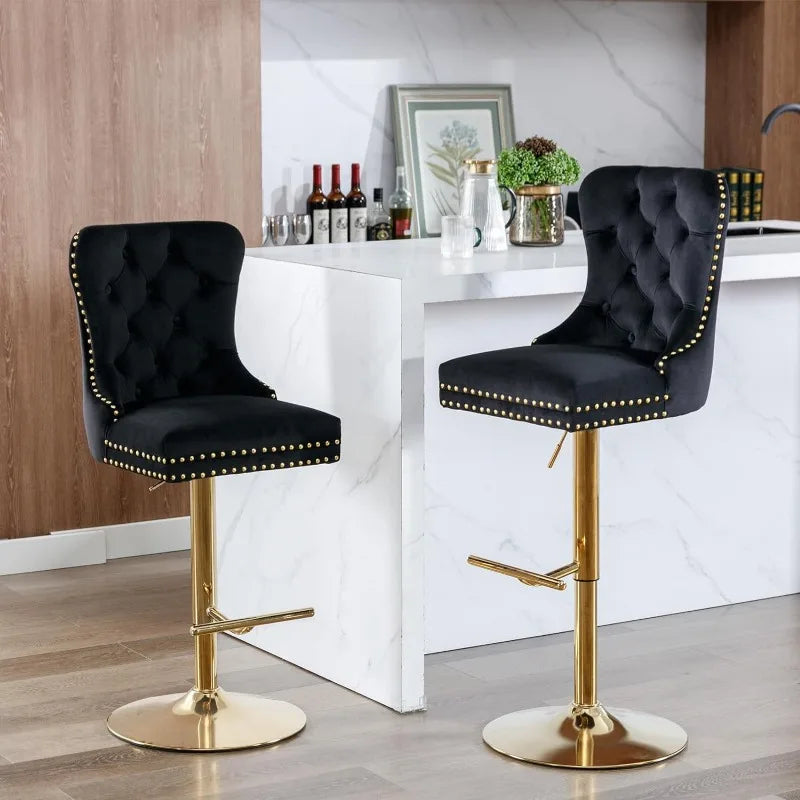 Swivel Bar Stools Set of 2, Adjustable Counter Height Barstools with Nailheads Trim, Button Tufted Back and Silver Footrest,