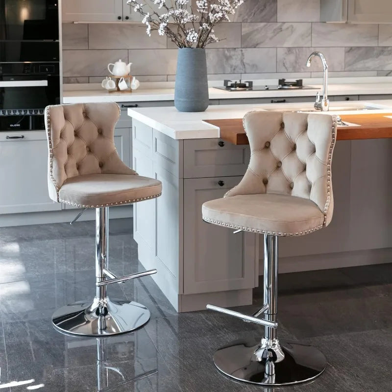 Swivel Bar Stools Set of 2, Adjustable Counter Height Barstools with Nailheads Trim, Button Tufted Back and Silver Footrest,