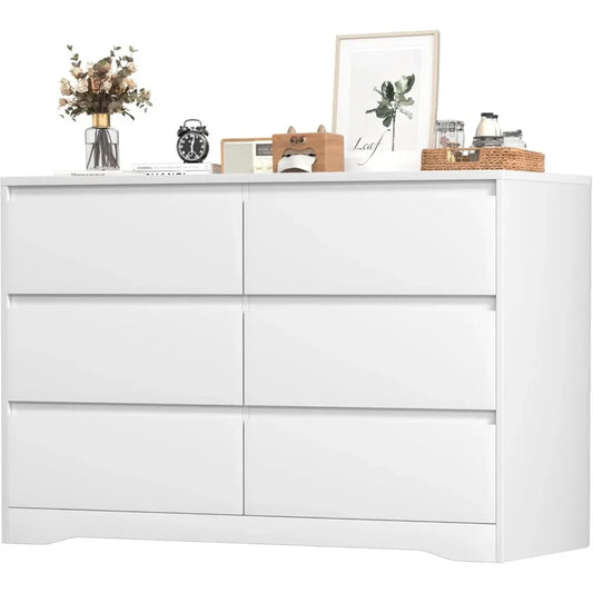 White Modern  Dresser with 6 Deep Drawers, for Bedroom