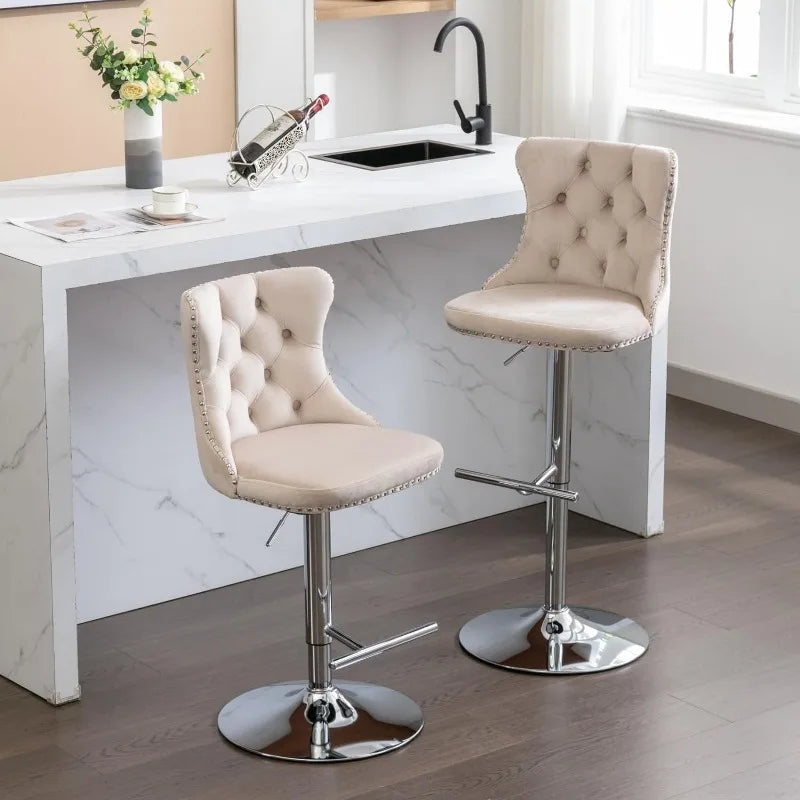 Swivel Bar Stools Set of 2, Adjustable Counter Height Barstools with Nailheads Trim, Button Tufted Back and Silver Footrest,