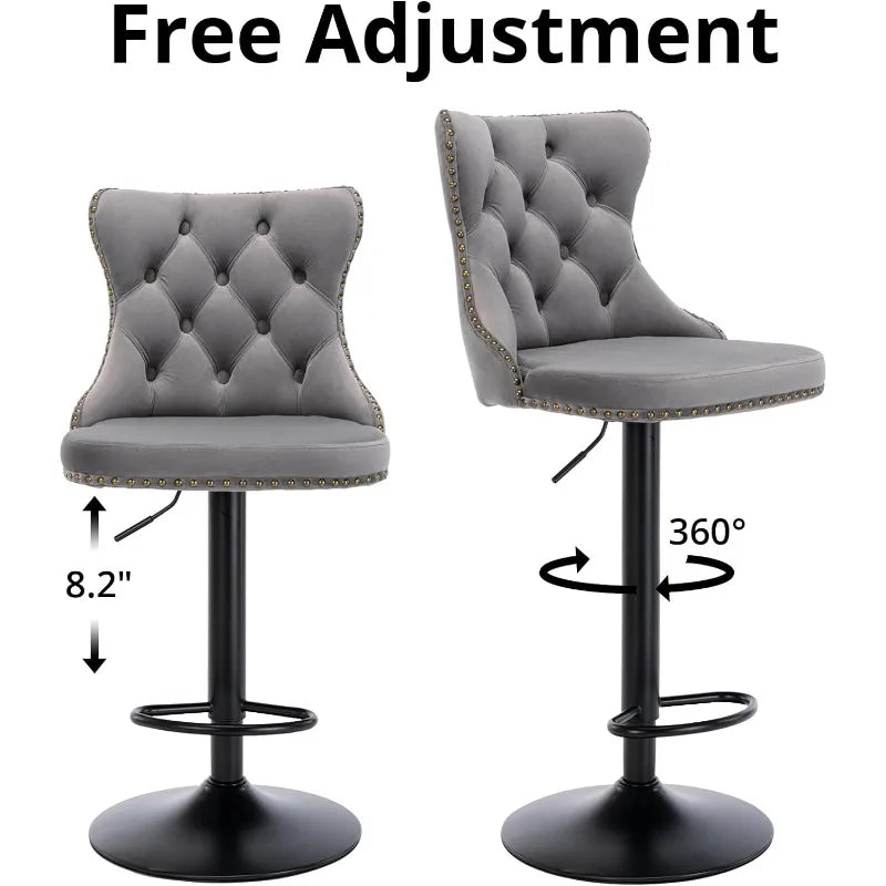 Swivel Bar Stools Set of 2, Adjustable Counter Height Barstools with Nailheads Trim, Button Tufted Back and Silver Footrest,