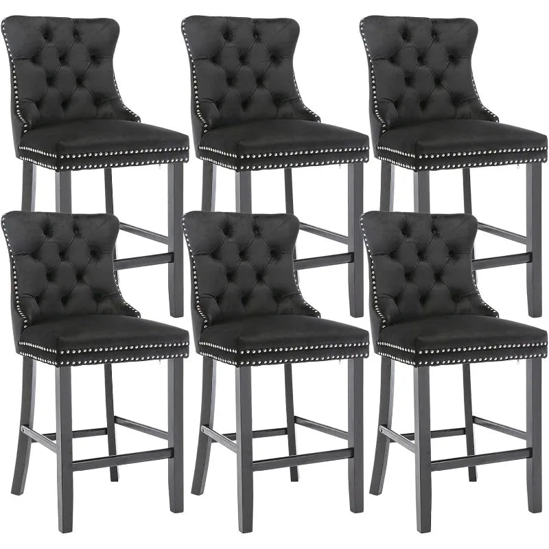 Bar Stools Set of 4 Counter Height, Velvet Upholstered Barstools with Solid Wood Legs, Button Tufted and Nailheads Trim