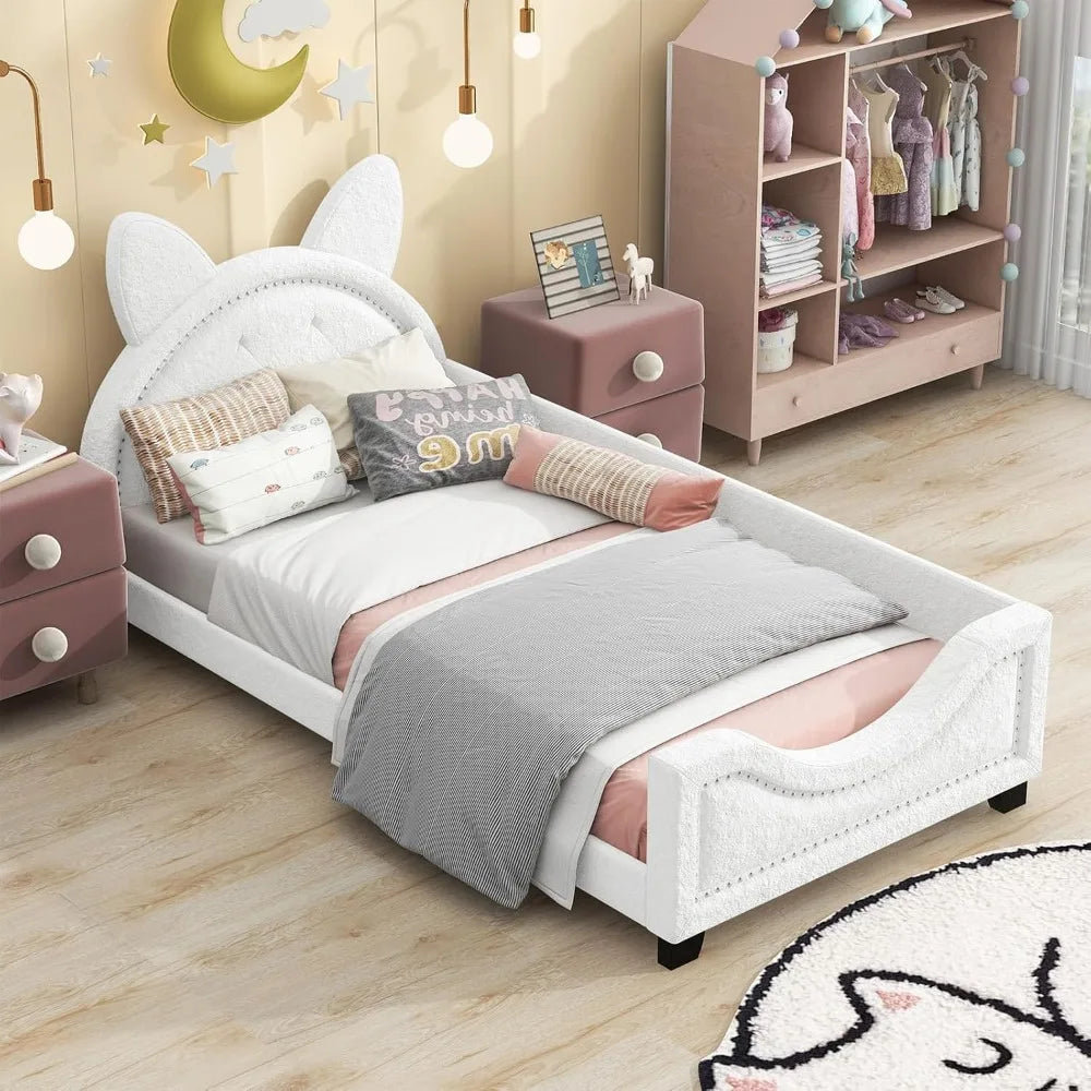 Upholstered Twin Size PU Leather Platform Bed with Carton Ears Shaped Headboard