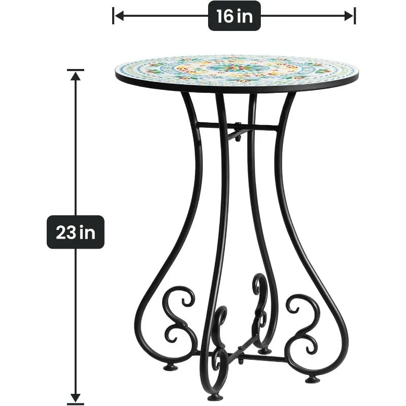 Round Side End Table, 16" Unique Relief Ceramic Tile Table Top with Metal Structure, Small Accent Coffee Tables