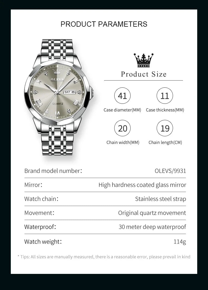 OLEVS Men's Watch Causal Fashion /Original Quartz Watch for Man /Waterproof Stainless Steel Luminous Date Week /Trend Dress