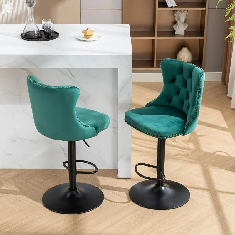 Swivel Bar Stools Set of 2, Adjustable Counter Height Barstools with Nailheads Trim, Button Tufted Back and Silver Footrest,