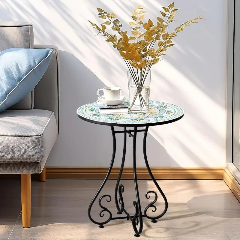 Round Side End Table, 16" Unique Relief Ceramic Tile Table Top with Metal Structure, Small Accent Coffee Tables