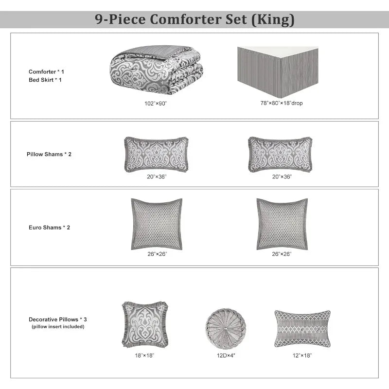 9-Piece Contemporary Jacquard Comforter Set, Luxury Damask Bedding Sets King, Ultra Soft Comforter with Euro Shams, Bedskirt