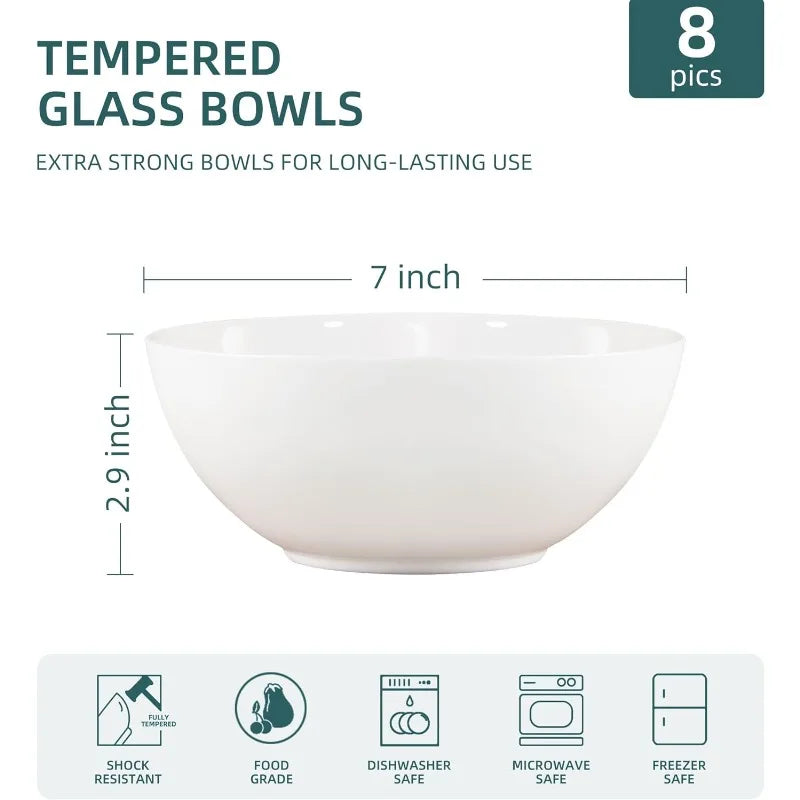 Soup Bowls Set of 8, Tempered Glass White Cereal Bowls, 34 OZ Round Dish Set, Microwave & Dishwasher Safe