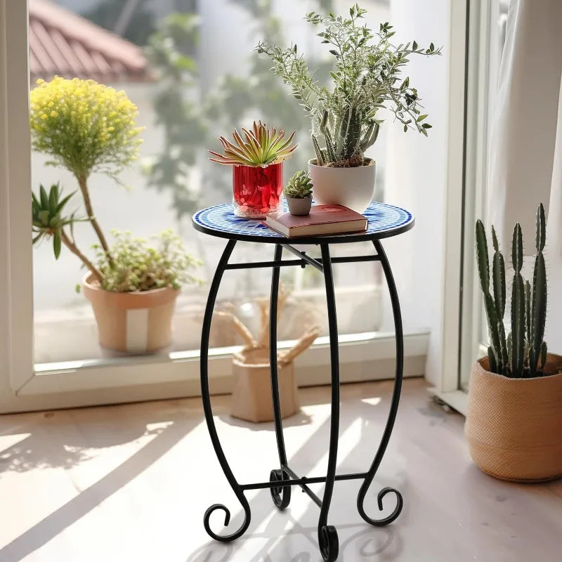 Round Side End Table, 16" Unique Relief Ceramic Tile Table Top with Metal Structure, Small Accent Coffee Tables