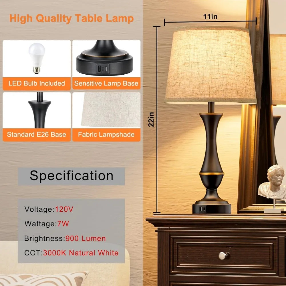 Upgraded Touch Lamps for Bedrooms Set of 2 - Nightstand Table Lamp with USB C+A, 3 Way Dimmable