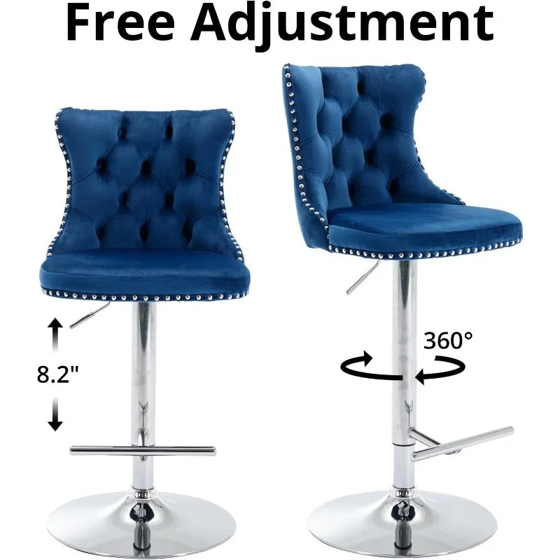 Swivel Bar Stools Set of 2, Adjustable Counter Height Barstools with Nailheads Trim, Button Tufted Back and Silver Footrest,