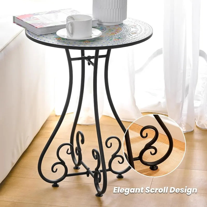 Round Side End Table, 16" Unique Relief Ceramic Tile Table Top with Metal Structure, Small Accent Coffee Tables