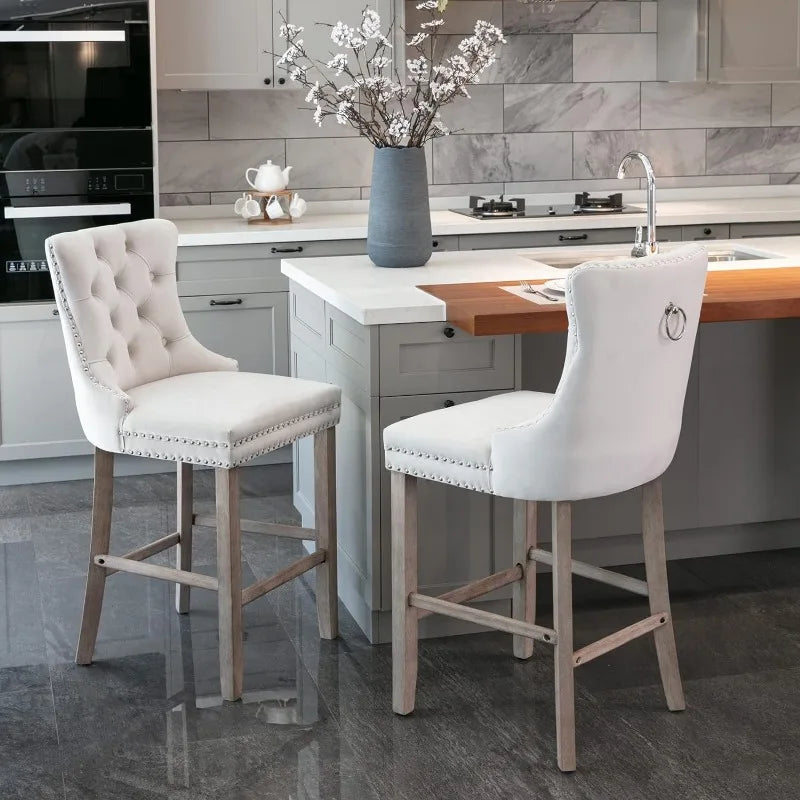 Bar Stools Set of 4 Counter Height, Velvet Upholstered Barstools with Solid Wood Legs, Button Tufted and Nailheads Trim