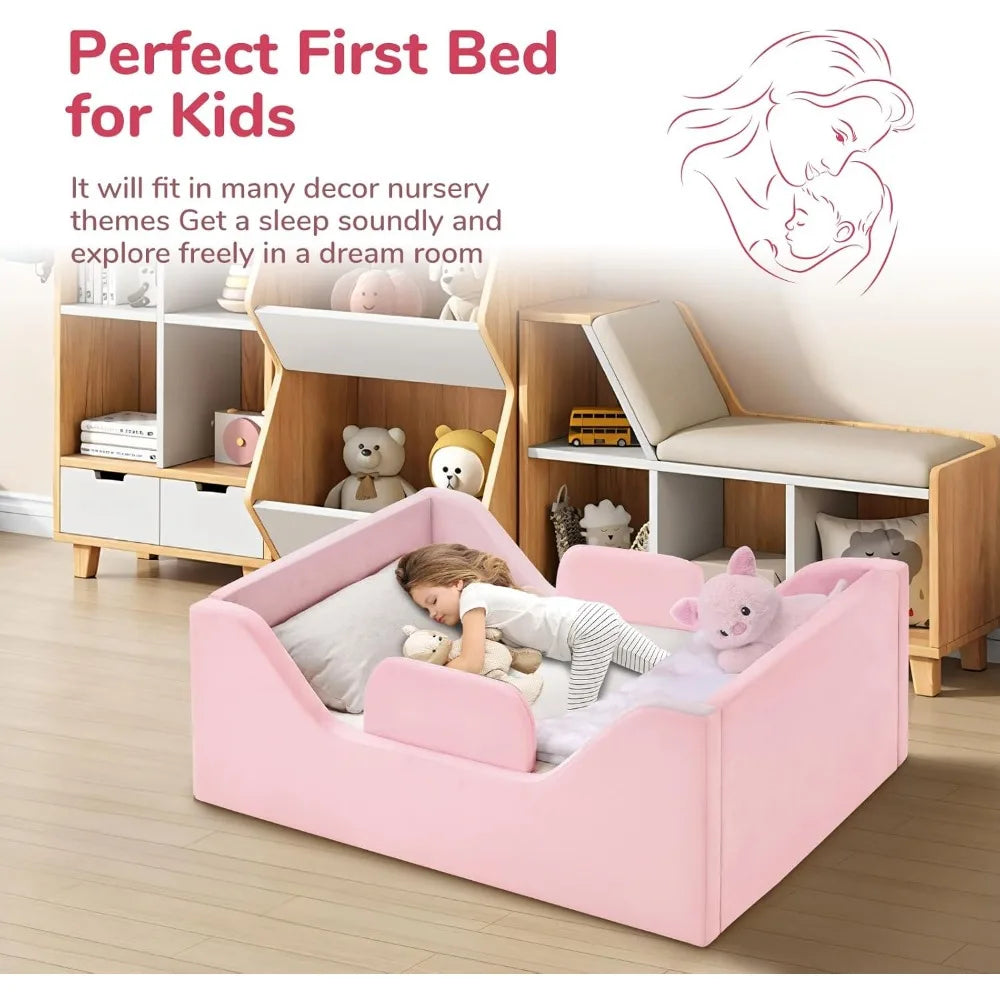 Toddler Bed Frame, Floor Bed with Removable Safety Rails,  Ages 0-24 mo.